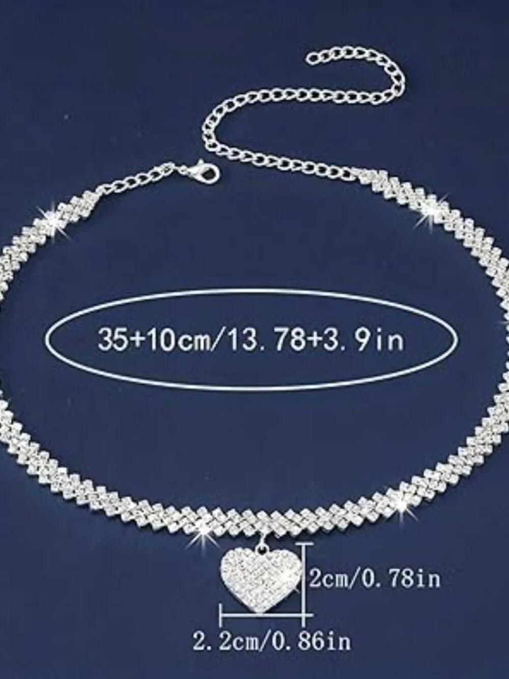 Silver Rhinestone Heart Necklace‎ Adjustable Bling Statement Jewelry